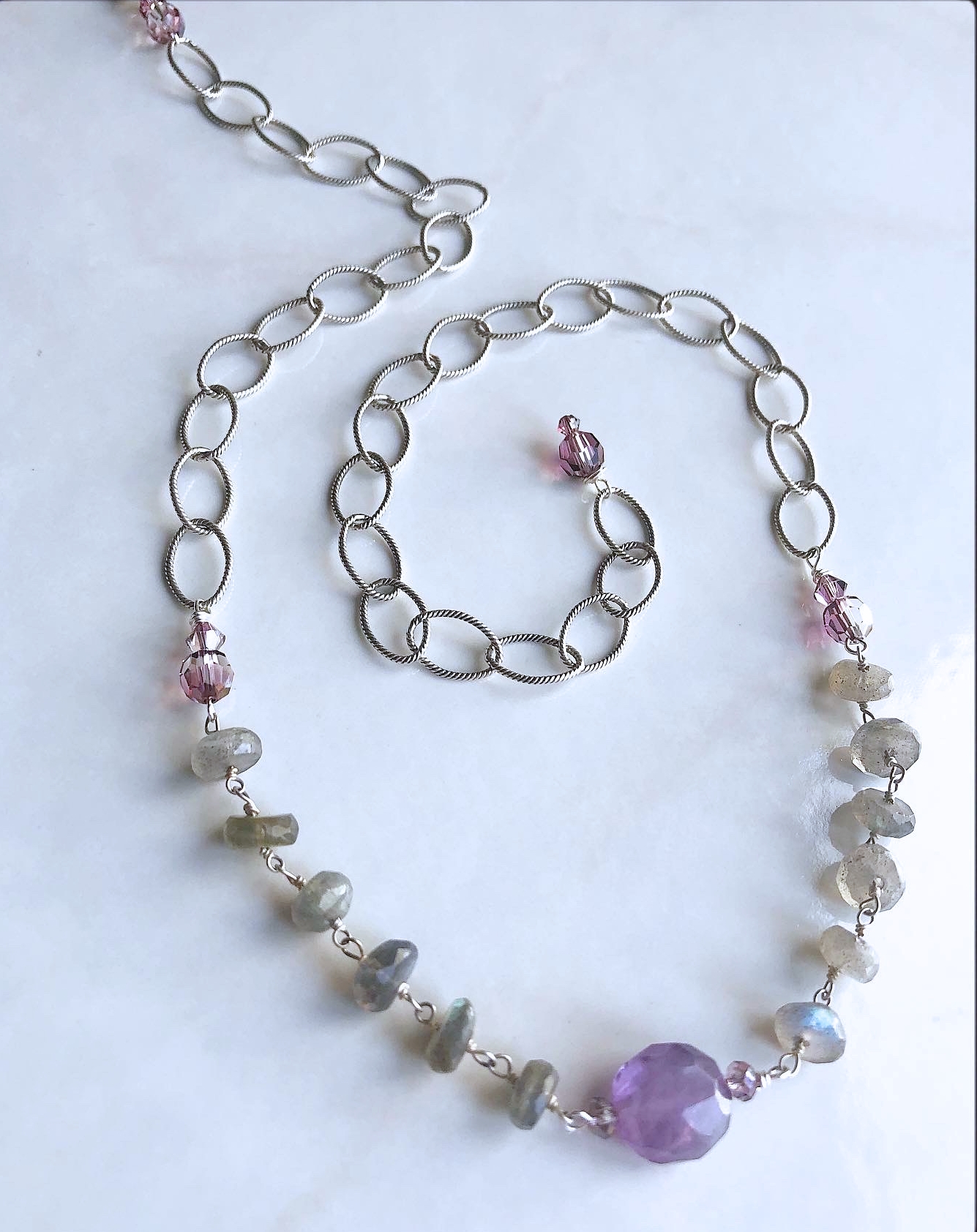 Austrian Crystal, Ametrine, Labradorite, Sterling Chain Necklace